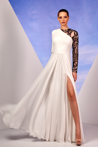 Edward Arsouni White Crepe And Black Lace Gown