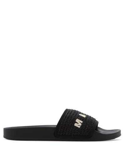 Marni Raffia Slide Sandals In Black