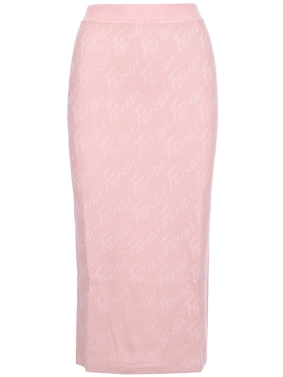 Fendi Logo Jacquard Elastic Waist Midi Skirt In Pink