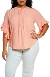 Vince Camuto Plus Size Ruffle Sleeve Henley Blouse In Cozy Peach