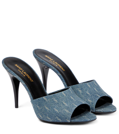 Saint Laurent 95mm La 16 Denim Mule Sandals In Blue