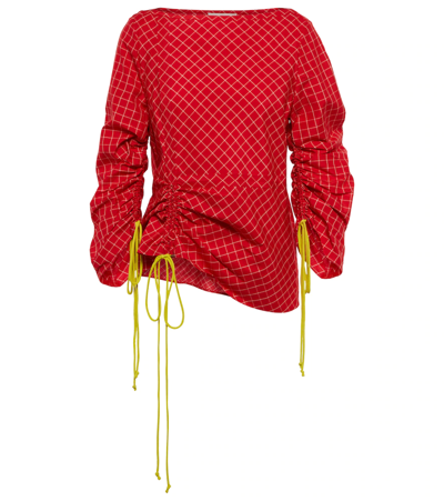 Tory Burch Gathered Checked Silk Top In Red