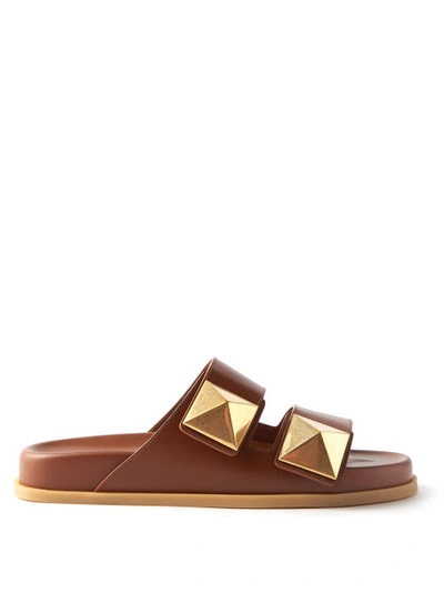 Valentino Garavani One Stud Leather Slides In Tan Brown