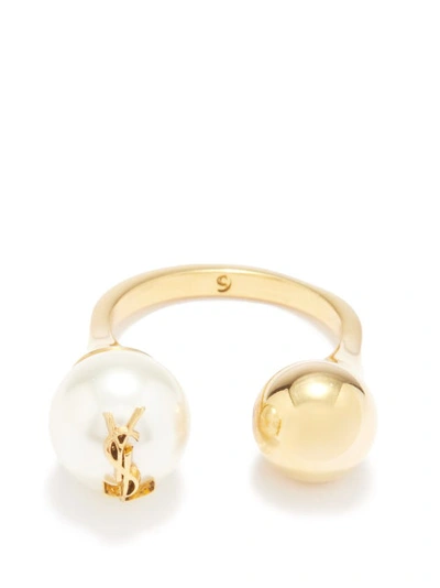 Saint Laurent Women's Cassandre Pearl And Ball Ring In Metal In Gold