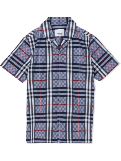 Burberry Kids' Short Sleeve Shirt In Stretch Cotton With Chess Pattern In Pale Blue Ip Chk