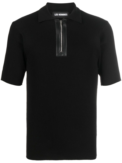 Les Hommes Zip-front Short-sleeved Polo Shirt In Black