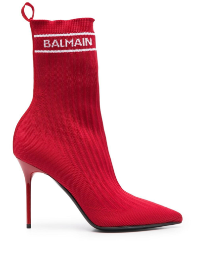 Balmain Intarsia Logo High Stiletto Heel Red Boots