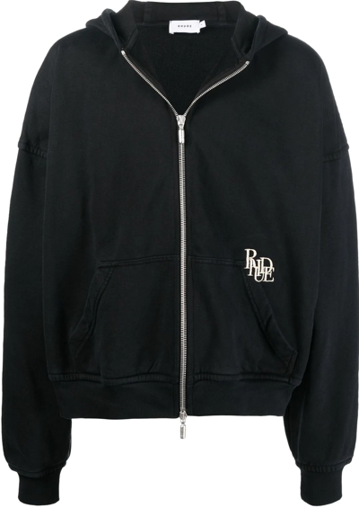 Rhude Logo-embroidered Cotton-jersey Zip-up Hoodie In Black