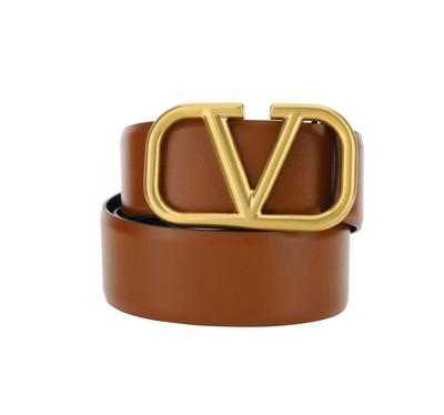 Reversible Vlogo Signature Belt In Glossy Calfskin 20 Mm for Woman in Pale  Yellow/teak Brown