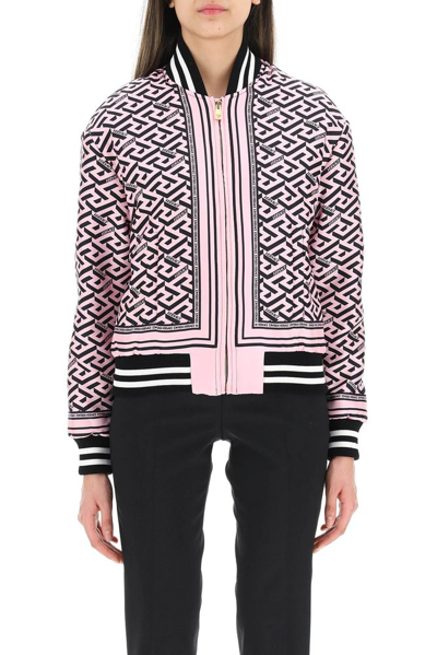 Versace La Greca Silk Bomber Jacket In Pink,black