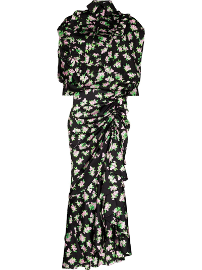 Natasha Zinko Pixel Flower-print Draped Maxi Dress In Schwarz