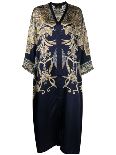 Etro Paisley-print Silk Beach Dress In Navy Blue