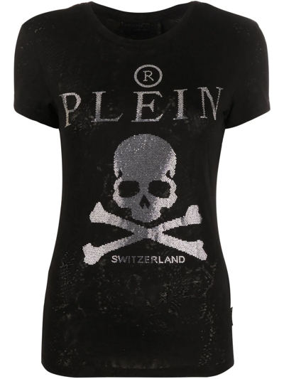 Philipp Plein Snakeskin-print Skull Motif T-shirt In Black