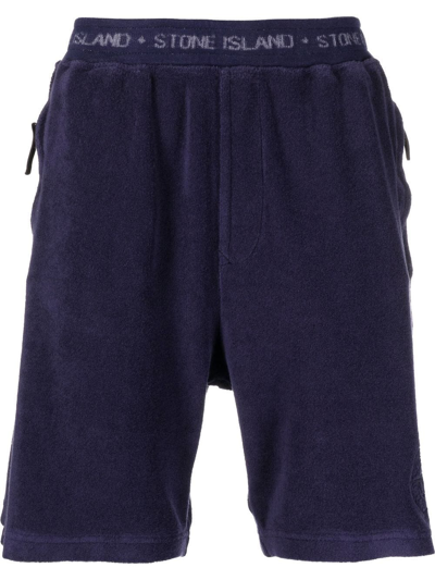 Stone Island Logo-waistband Terry-cloth Shorts In Blue