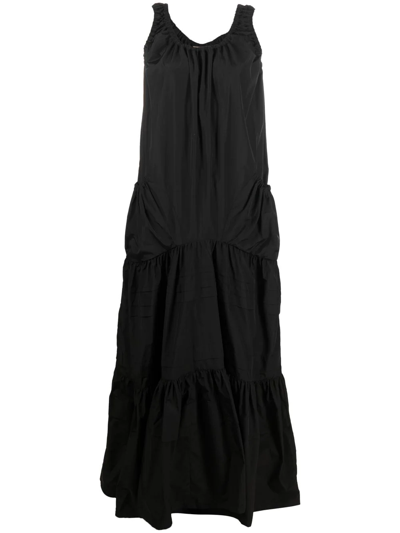 Plan C Striped-pleat Tiered Maxi Dress In Navy Black