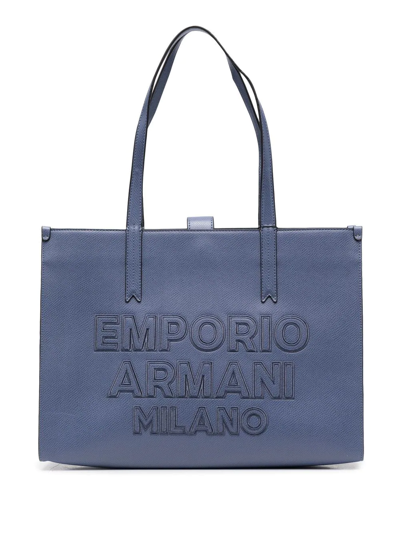 Emporio Armani Large Embroidered Logo Tote Bag In Blau