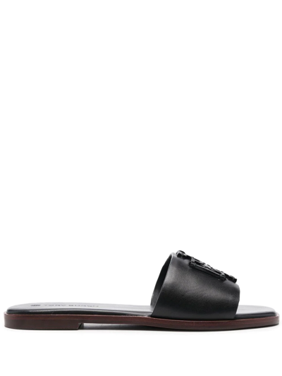 Tory Burch Ines Logo-patch Slides In Black