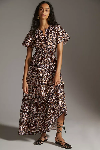 anthropologie brown floral dress Anthropologie By The River Dress Sz M Brown Multi Floral Puff Sleeve Tiered  Maxi