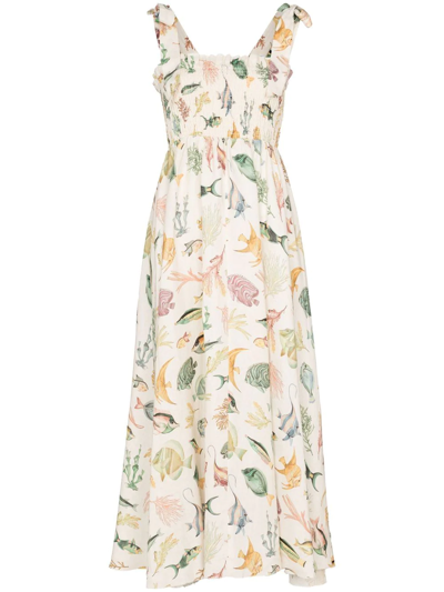 Alemais Wanda Printed Organic Linen Midi Dress In Ivory | ModeSens