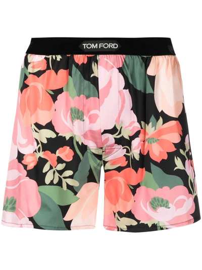 Tom Ford Velvet-trimmed Floral-print Stretch-silk Satin Boxer Shorts In Pink