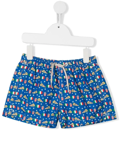 Mc2 Saint Barth Kids' Graphic Print Drawstring Swim Shorts In Blue