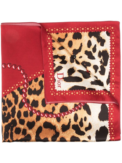 Pre-owned Dior 2000s  Leopard-print Silk Scarf In Red