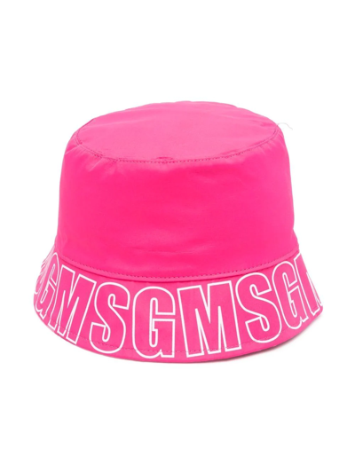 Msgm Kids' Logo Printed Nylon Bucket Hat In Fuchsia