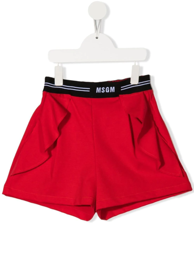 Msgm Teen Logo-print Ruffled Shorts In Red