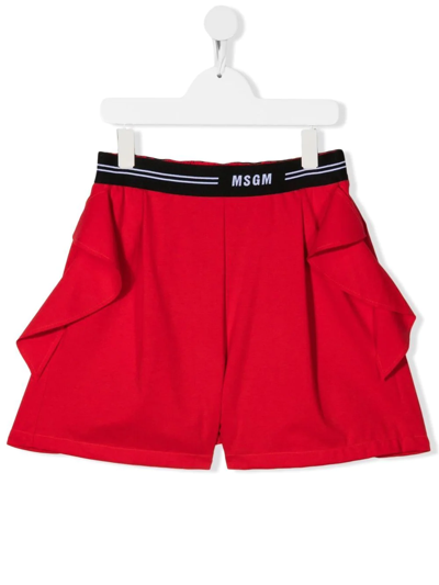 Msgm Teen Logo-print Ruffled Shorts In Red