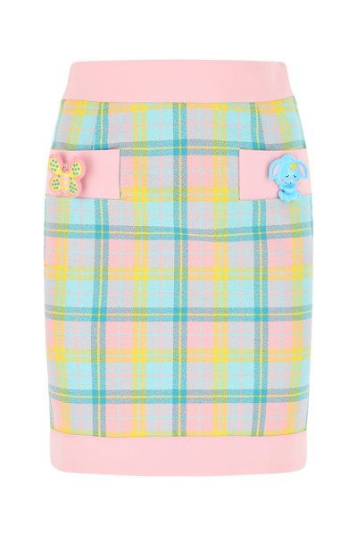 Moschino Cotton Mini Skirt With Check Print In Pink,yellow,green
