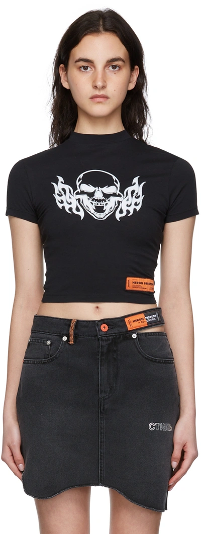 Heron Preston Cotton T-shirt With Flaming Skull Print In Black