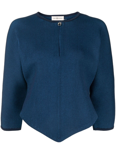 Tory Burch Cropped Assmmetric Blouse Cardigan In Blue