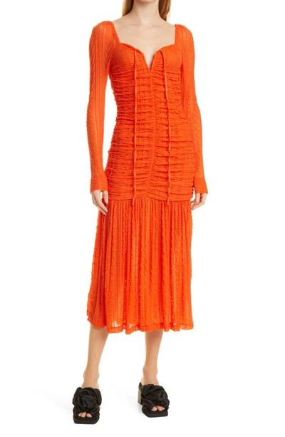 Ganni Ruched Long Sleeve Stretch Lace Midi Dress In Orange Dot Com
