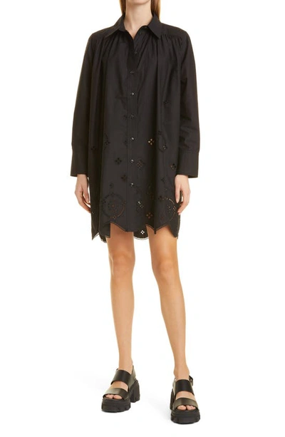 Ganni Long Sleeve Organic Cotton Broderie Anglaise Shirtdress In Black