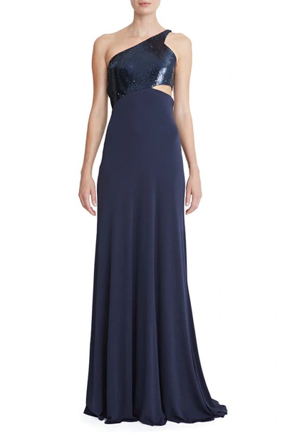 Halston Valentina Sequin Cutout One-shoulder Gown In Navy