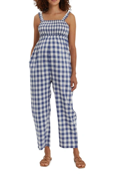 Nom Maternity Marais Maternity Jumpsuit In Navy White Plaid