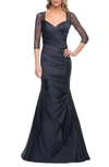 La Femme Illusion Beaded Sleeve Mermaid Satin Pleated Gown In Navy