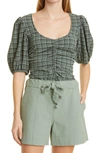Ganni Check Ruched Stretch Seersucker Blouse In Mini Check Green Bay