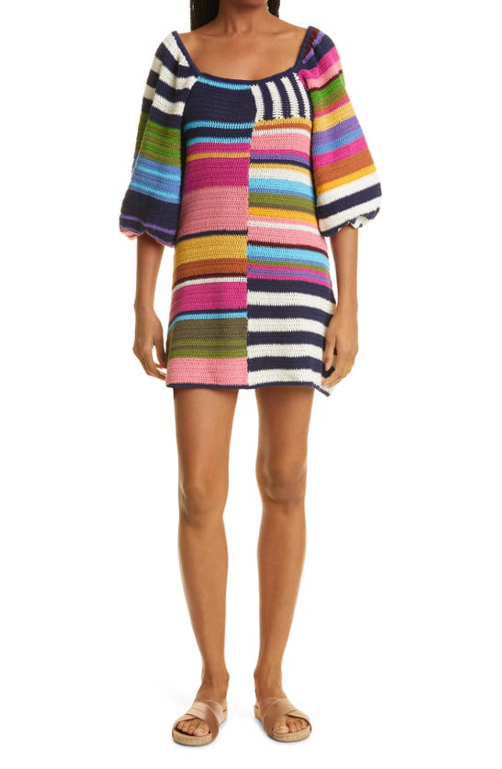 farm rio mixed stripes short sleeve bow mini dress Farm Rio Black Colored Stripes Short Sleeve Mini Dress Mixed Stripes Short-Sleeve  Bow Mini Dress