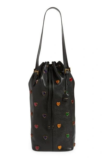 Saint Laurent Large Riva Heart-embellished Leather Bucket Bag In 1077 Nero Multi