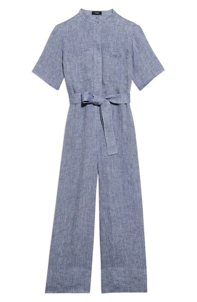 Theory Hemp Wide-leg Button-front Jumpsuit In Chambray