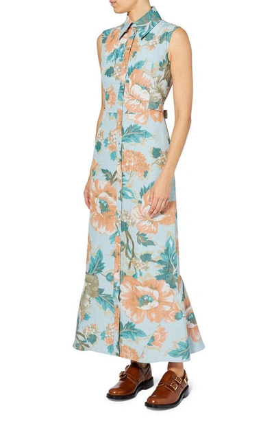 Erdem Mona Virginia Floral Print Linen Blend Shirtdress In Blue Coral Multi