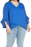 Vince Camuto Flutter Sleeve Crossover Georgette Tunic Top In Deep Blue