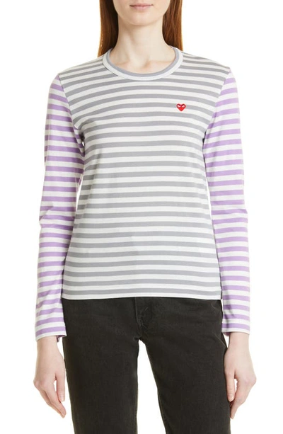 Comme Des Garçons Play Bi-color Stripe Long Sleeve T-shirt In Grey/purple