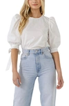 English Factory Bow Banded Puff Sleeve Blouse In White