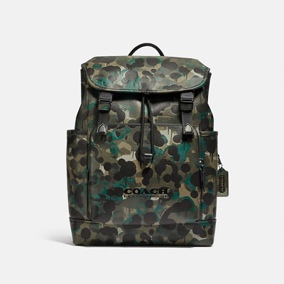 Coach League Flap Backpack With Camo Print In Matte Black/green/blue
