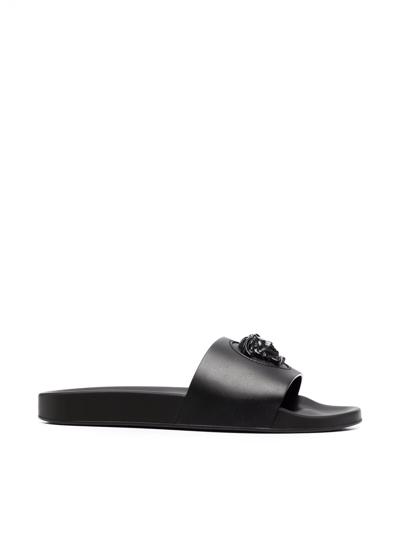 Versace Leather Slippers In Black Black