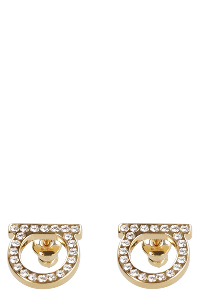 Ferragamo Gancini Crystals Brass Earrings In Gold