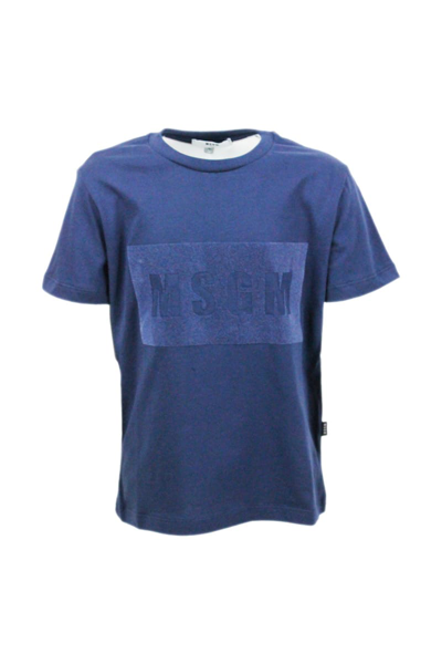 Msgm Kids' Short-sleeved Crew Neck T-shirt In Cotton With Raised Lettering With Flocking In Blu