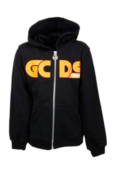 Gcds Kids' Hooded Sweatshirt With Zip And Fluo Writing In Black